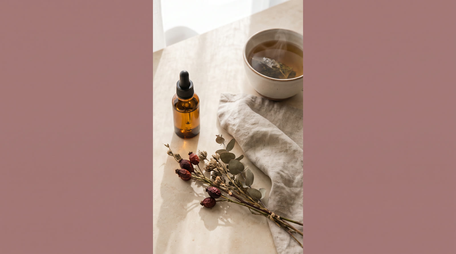 Editorial flatlay of wellness essentials in warm neutral tones